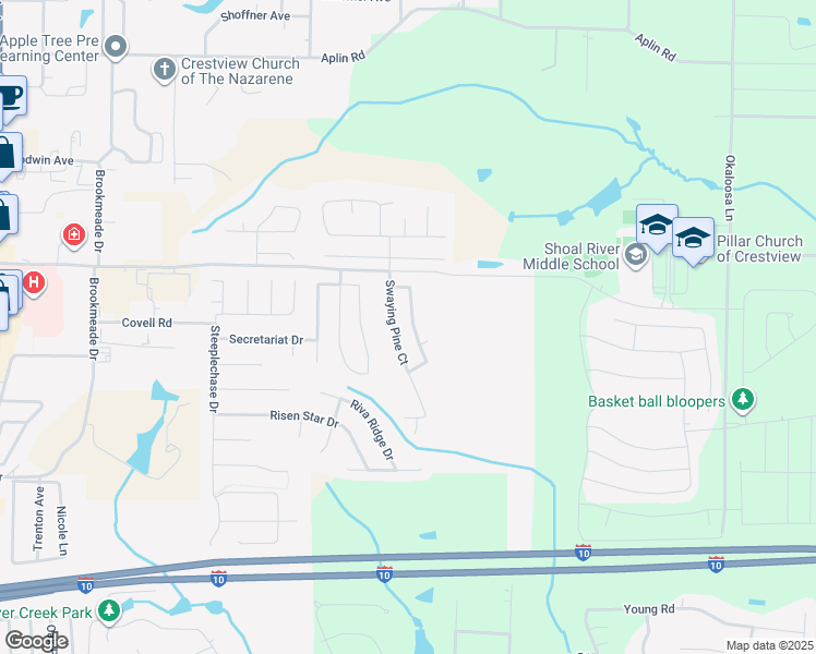 map of restaurants, bars, coffee shops, grocery stores, and more near 364 Crooked Pine Trail in Crestview