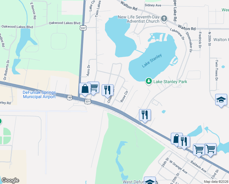 map of restaurants, bars, coffee shops, grocery stores, and more near 136 Chabot Drive in DeFuniak Springs