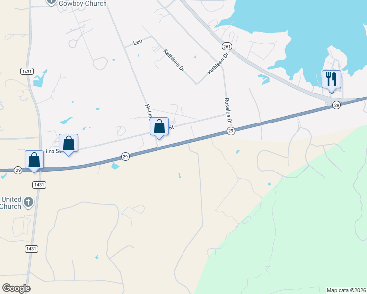 map of restaurants, bars, coffee shops, grocery stores, and more near 15848 Texas 29 in Buchanan Dam