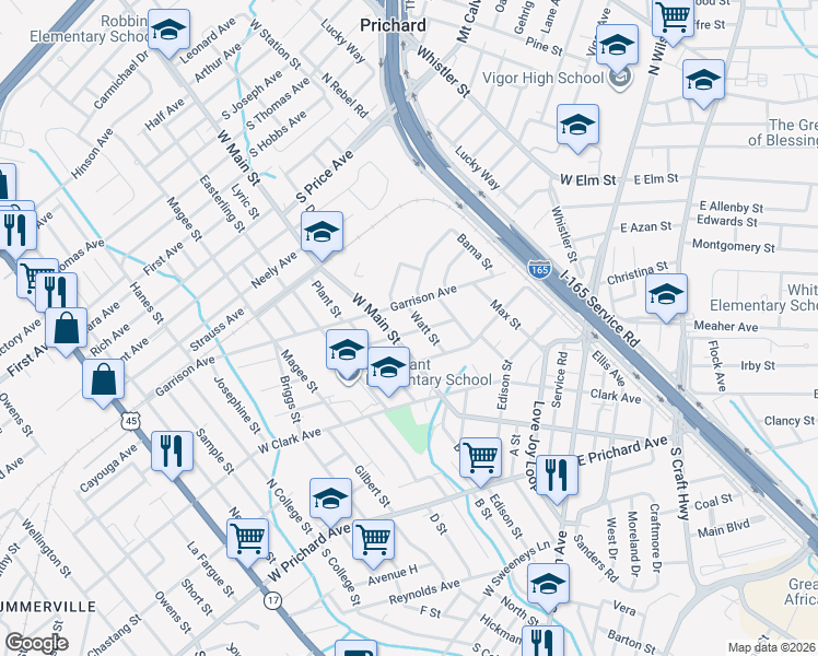 map of restaurants, bars, coffee shops, grocery stores, and more near 416 Dayton Avenue in Prichard
