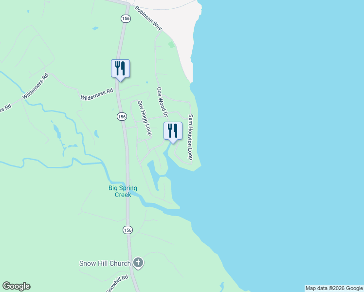 map of restaurants, bars, coffee shops, grocery stores, and more near 640 Sam Houston Loop in Point Blank