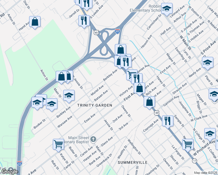 map of restaurants, bars, coffee shops, grocery stores, and more near 2117 Owens Street in Prichard