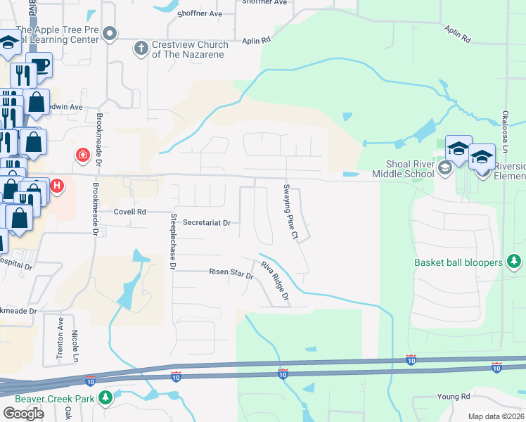 map of restaurants, bars, coffee shops, grocery stores, and more near 225 Limestone Circle in Crestview