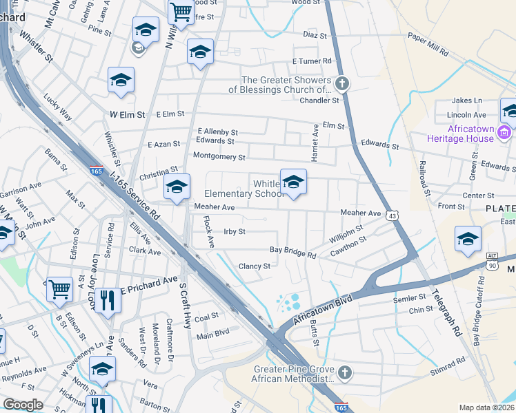 map of restaurants, bars, coffee shops, grocery stores, and more near 421 Meaher Avenue in Prichard