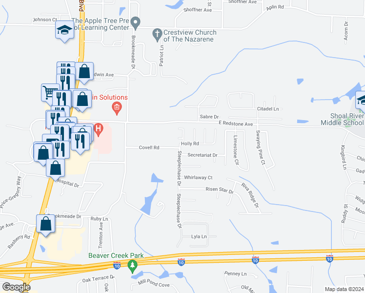 map of restaurants, bars, coffee shops, grocery stores, and more near 1 Holly Road in Crestview