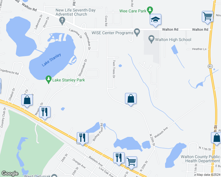 map of restaurants, bars, coffee shops, grocery stores, and more near 989 North 20th Street in DeFuniak Springs