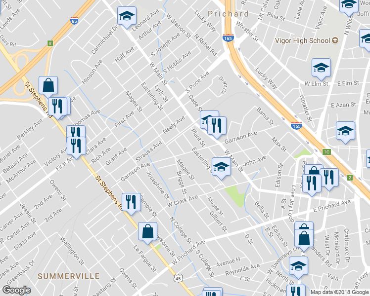map of restaurants, bars, coffee shops, grocery stores, and more near 812 Root Street in Prichard