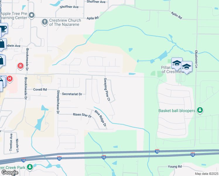 map of restaurants, bars, coffee shops, grocery stores, and more near 355 Crooked Pine Trail in Crestview