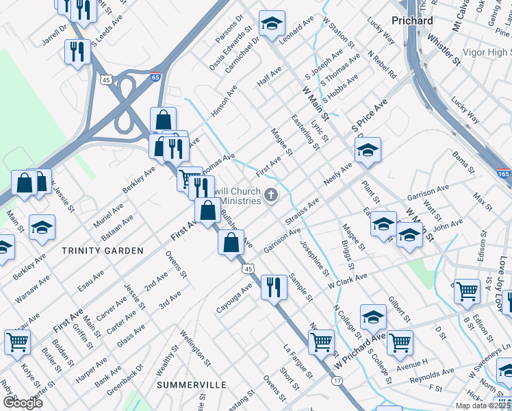 map of restaurants, bars, coffee shops, grocery stores, and more near 1111 Rich Avenue in Prichard