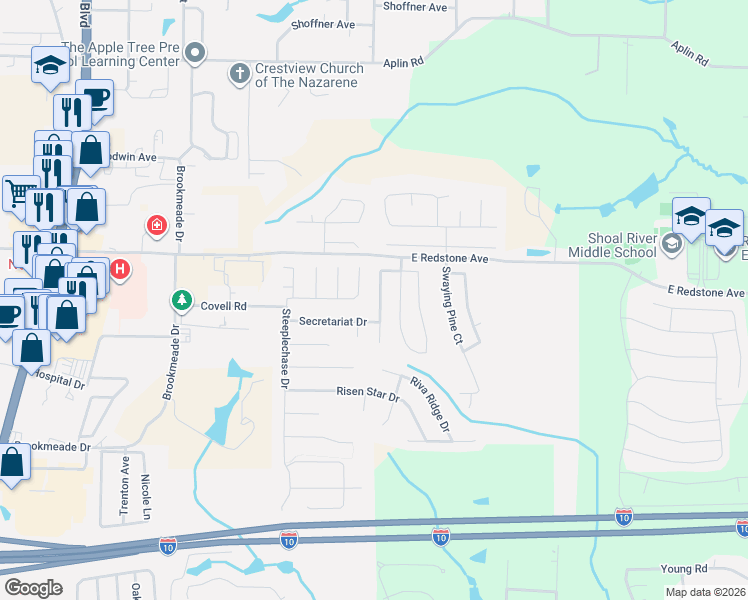 map of restaurants, bars, coffee shops, grocery stores, and more near 130 Sandstone Trail in Crestview