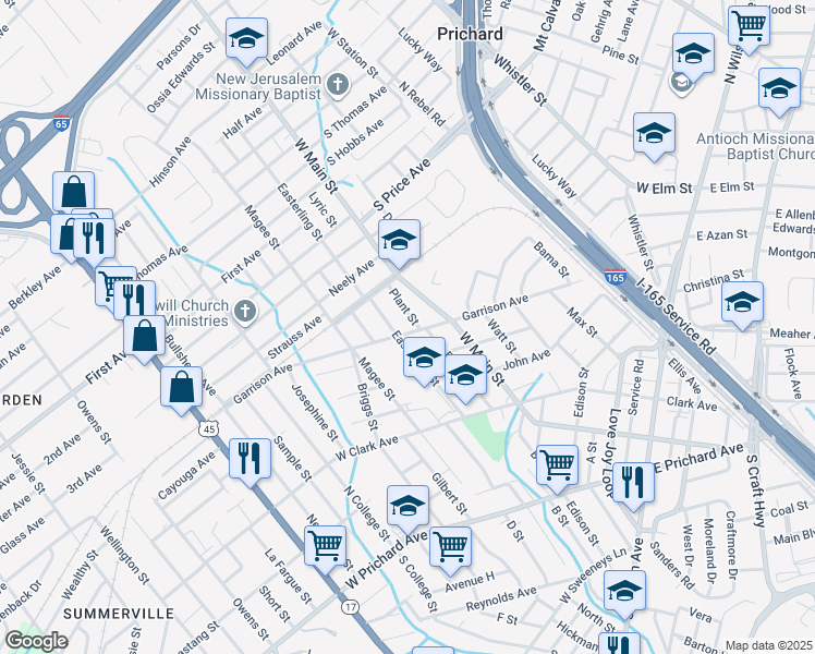 map of restaurants, bars, coffee shops, grocery stores, and more near 610 Garrison Avenue in Prichard