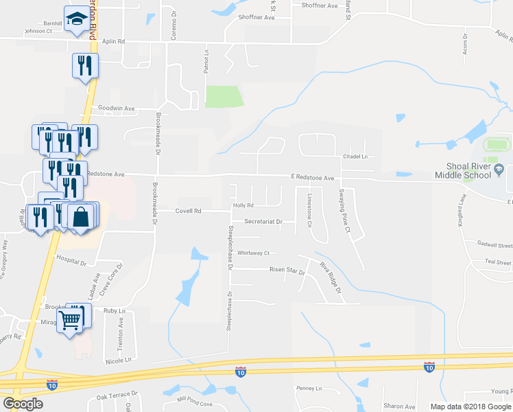 map of restaurants, bars, coffee shops, grocery stores, and more near 50 Holly Road in Crestview