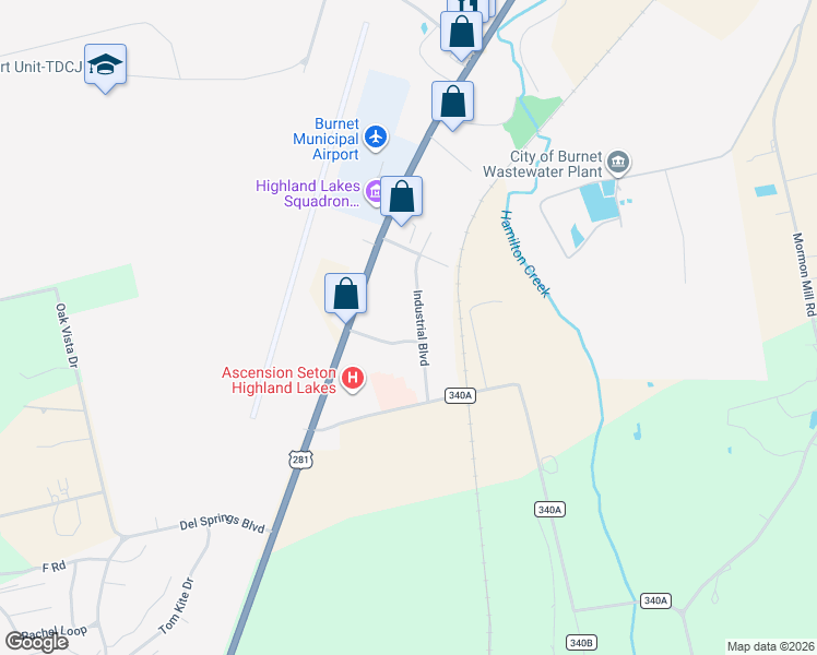map of restaurants, bars, coffee shops, grocery stores, and more near 101 John Kelly Drive in Burnet