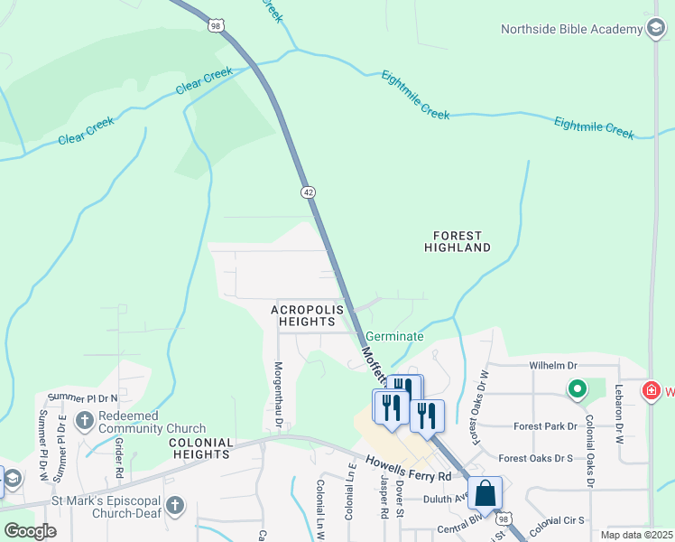 map of restaurants, bars, coffee shops, grocery stores, and more near 5866 Moffett Road in Mobile