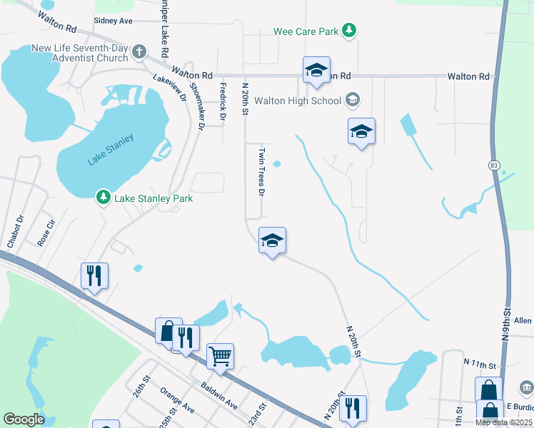 map of restaurants, bars, coffee shops, grocery stores, and more near 68 Twin Trees Drive in DeFuniak Springs