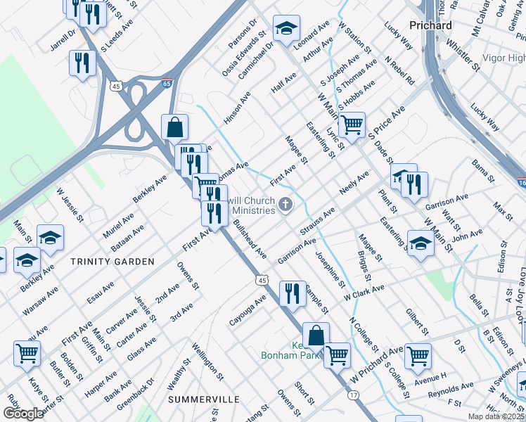 map of restaurants, bars, coffee shops, grocery stores, and more near 1111 Rich Avenue in Prichard