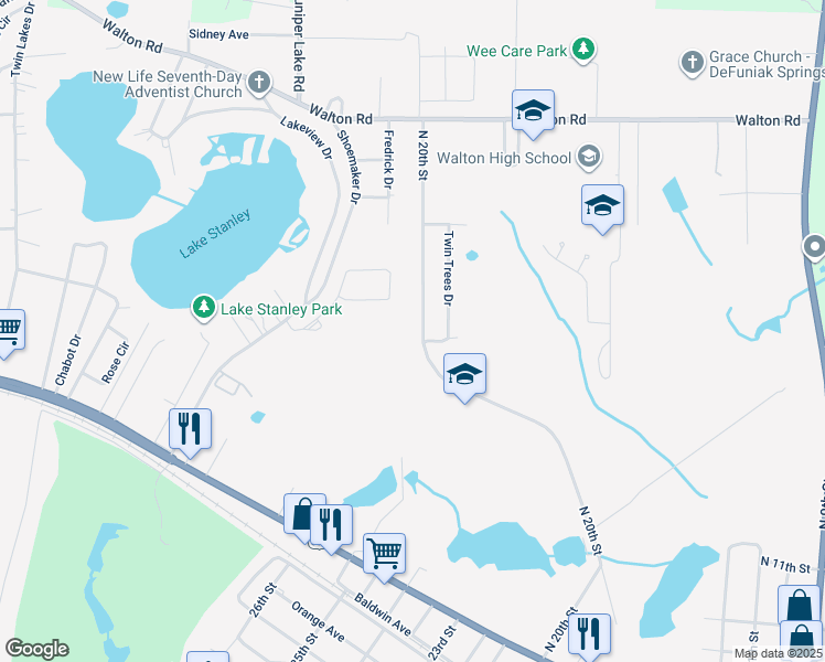map of restaurants, bars, coffee shops, grocery stores, and more near 989 North 20th Street in DeFuniak Springs
