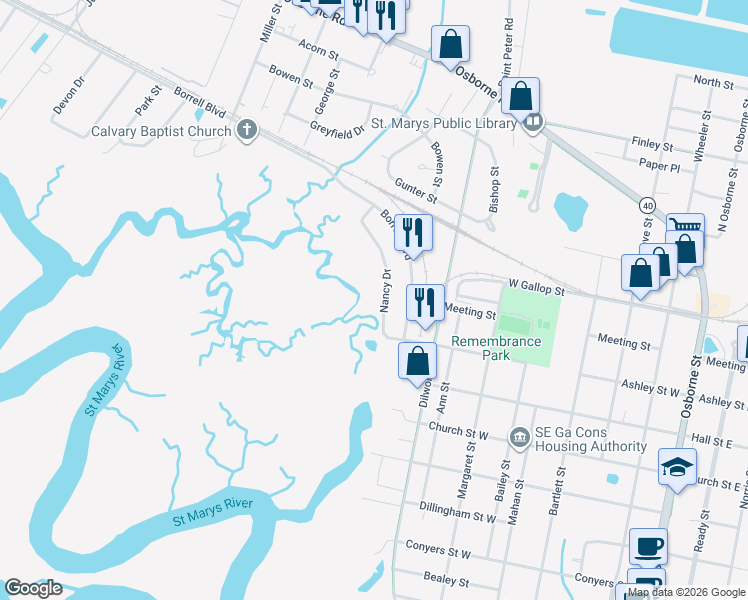 map of restaurants, bars, coffee shops, grocery stores, and more near 103 Nancy Drive in St. Marys