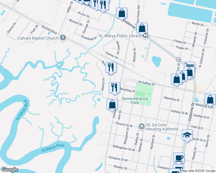map of restaurants, bars, coffee shops, grocery stores, and more near 107 Borrell Boulevard in St. Marys