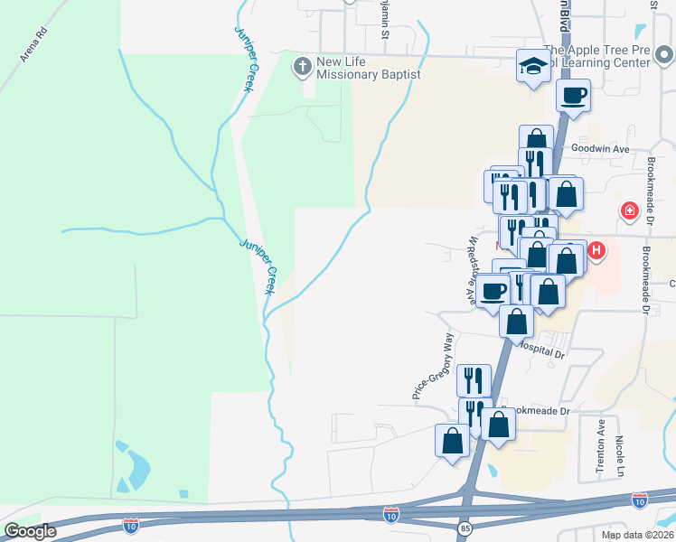 map of restaurants, bars, coffee shops, grocery stores, and more near 377 Medcrest Drive in Crestview