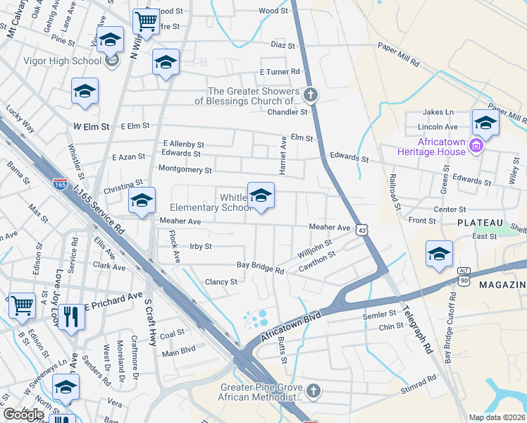 map of restaurants, bars, coffee shops, grocery stores, and more near 541-599 Meaher Street in Prichard