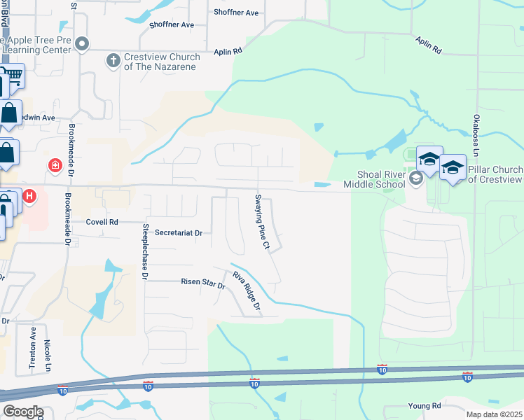 map of restaurants, bars, coffee shops, grocery stores, and more near 147 Swaying Pine Court in Crestview