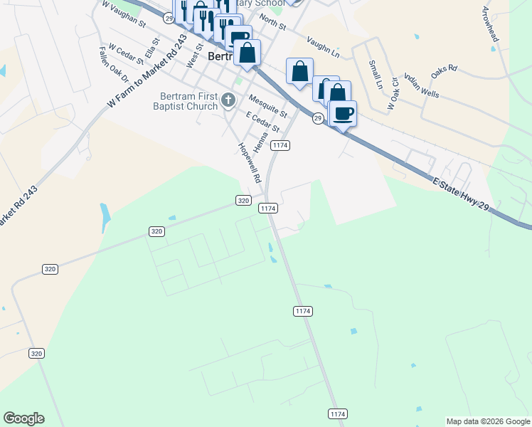map of restaurants, bars, coffee shops, grocery stores, and more near 425 Farm to Market 1174 in Bertram