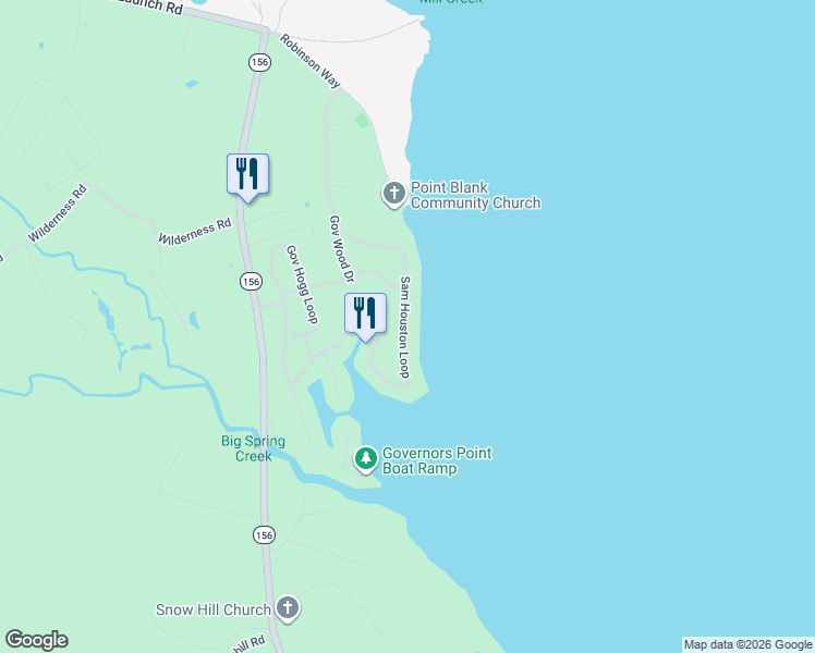 map of restaurants, bars, coffee shops, grocery stores, and more near 341 Sam Houston Loop in Point Blank