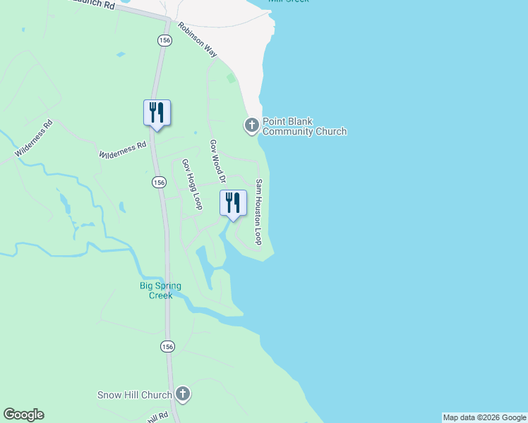 map of restaurants, bars, coffee shops, grocery stores, and more near 640 Sam Houston Loop in Point Blank