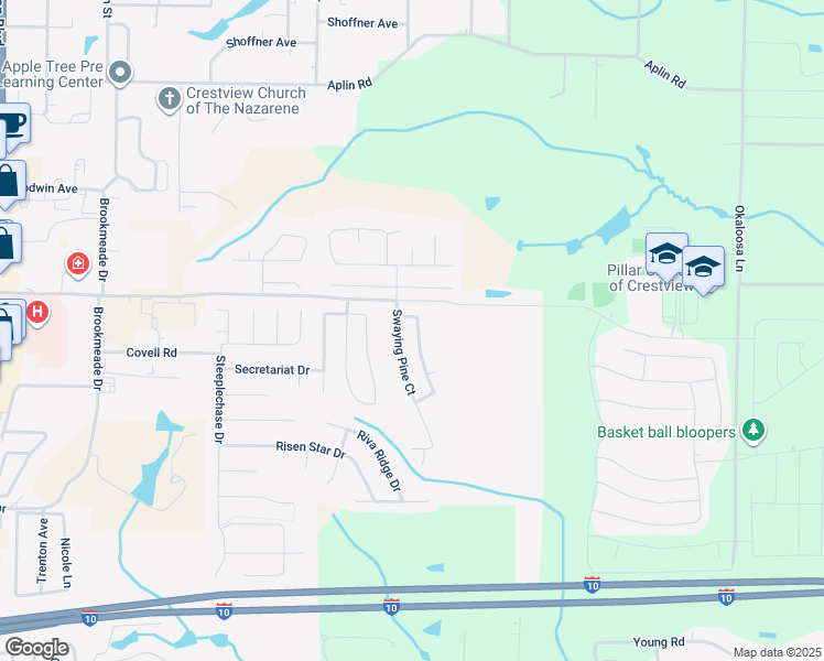 map of restaurants, bars, coffee shops, grocery stores, and more near 337 Crooked Pine Trail in Crestview