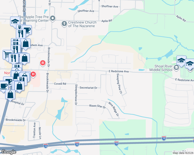 map of restaurants, bars, coffee shops, grocery stores, and more near 110 Sandstone Trail in Crestview