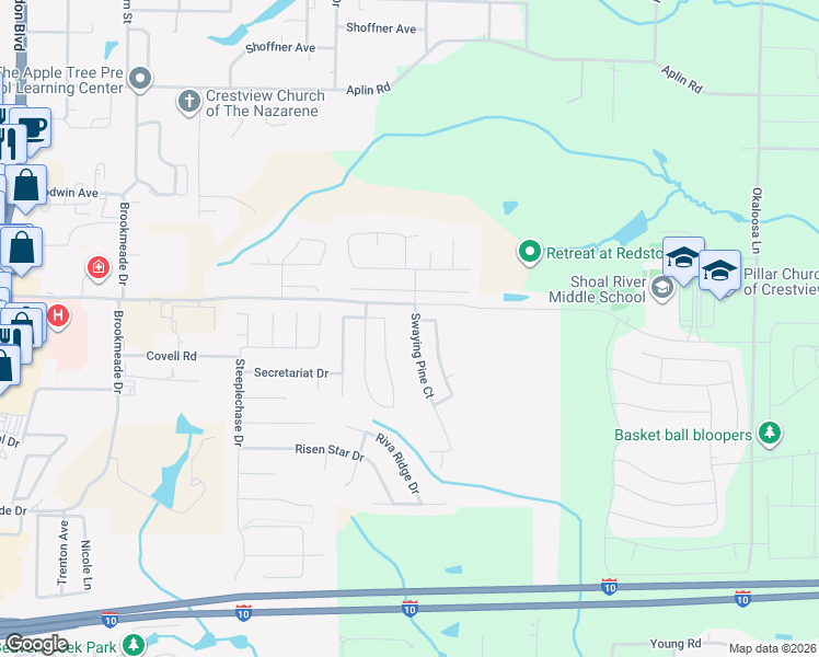 map of restaurants, bars, coffee shops, grocery stores, and more near 302 Crooked Pine Trail in Crestview