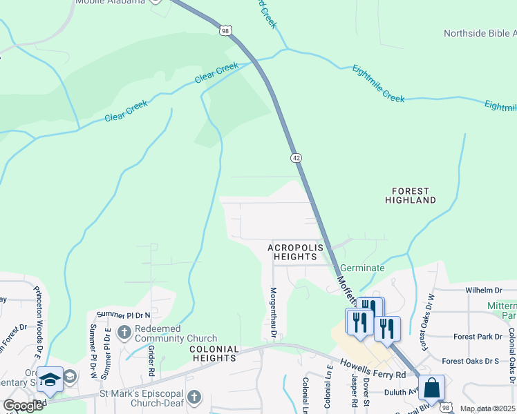map of restaurants, bars, coffee shops, grocery stores, and more near 5857 Spyglass Drive in Mobile