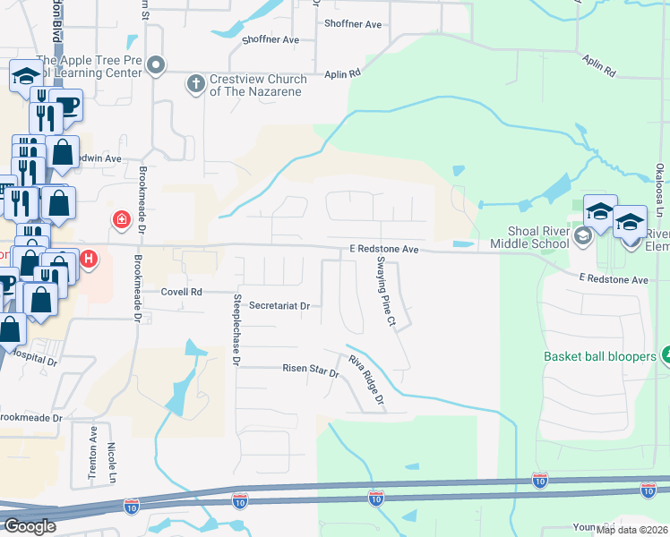 map of restaurants, bars, coffee shops, grocery stores, and more near 294 Limestone Circle in Crestview