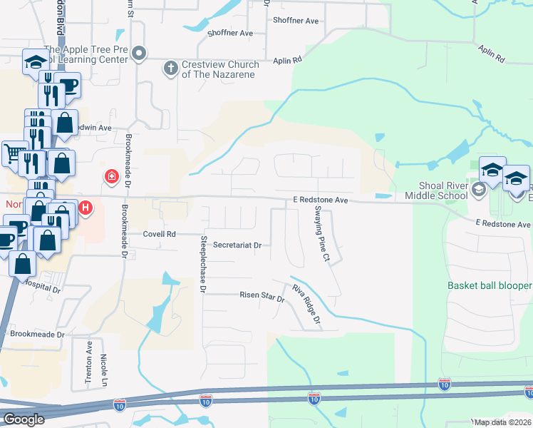 map of restaurants, bars, coffee shops, grocery stores, and more near 110 Sandstone Trail in Crestview