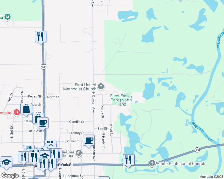 map of restaurants, bars, coffee shops, grocery stores, and more near 709 East North Place in Amite City