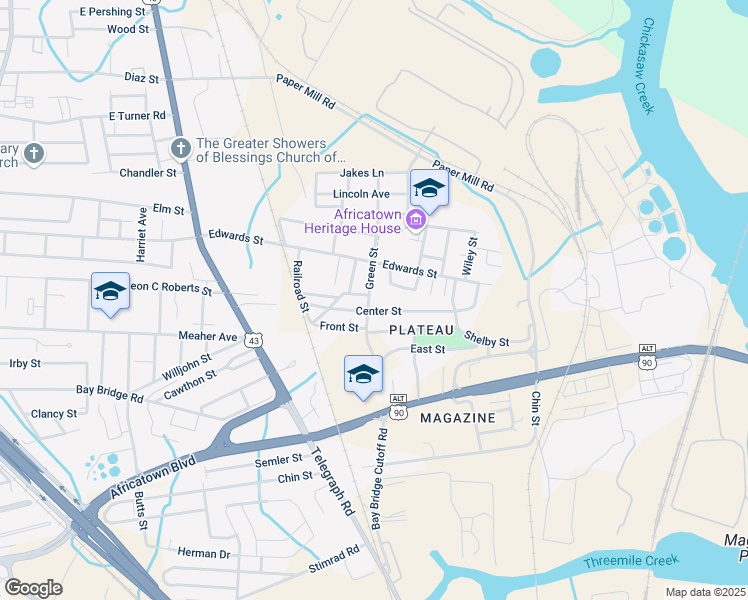 map of restaurants, bars, coffee shops, grocery stores, and more near 2314 Green Street in Mobile