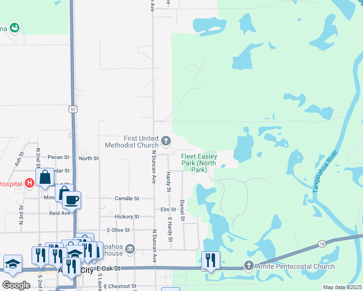 map of restaurants, bars, coffee shops, grocery stores, and more near 709 East North Place in Amite City