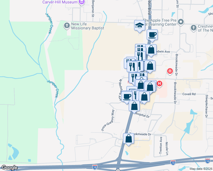map of restaurants, bars, coffee shops, grocery stores, and more near 377 Medcrest Drive in Crestview