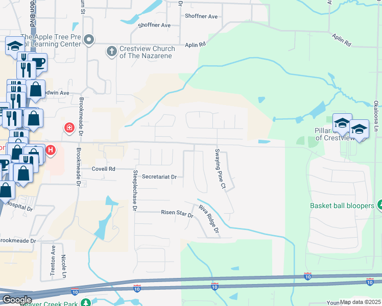 map of restaurants, bars, coffee shops, grocery stores, and more near 296 Limestone Circle in Crestview