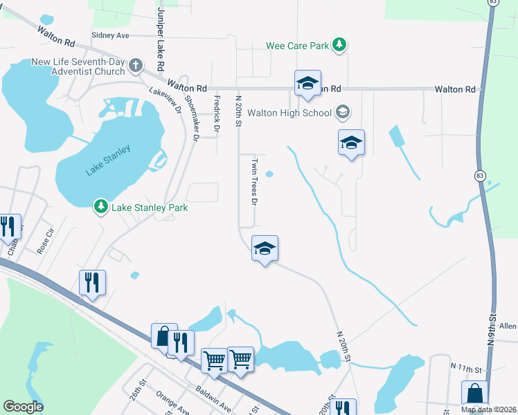 map of restaurants, bars, coffee shops, grocery stores, and more near 144 Twin Trees Drive in DeFuniak Springs
