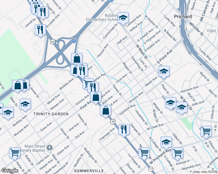 map of restaurants, bars, coffee shops, grocery stores, and more near 1115 1st Avenue in Prichard