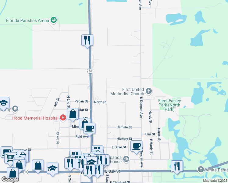 map of restaurants, bars, coffee shops, grocery stores, and more near 210 Lasare Drive in Amite City