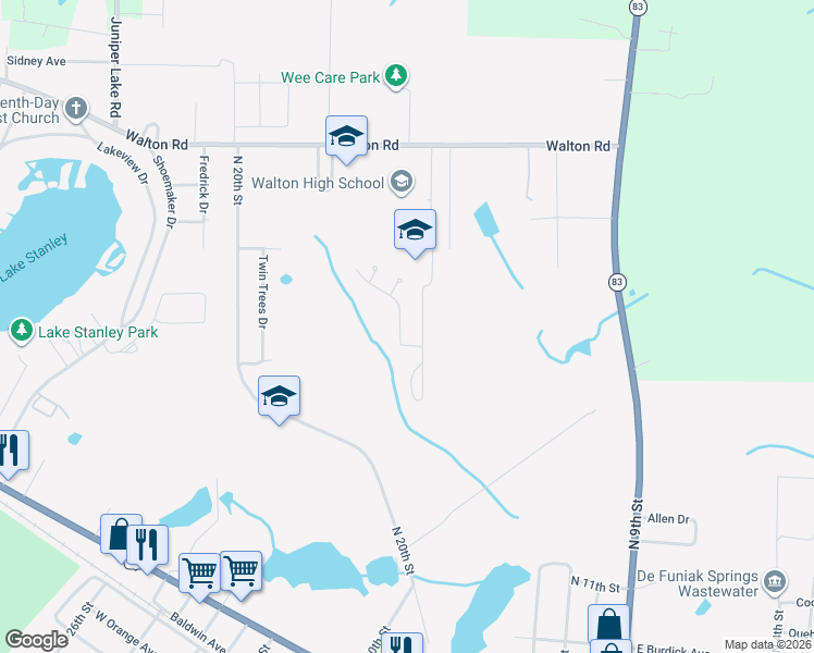 map of restaurants, bars, coffee shops, grocery stores, and more near 612 Hunters Ridge Road in DeFuniak Springs