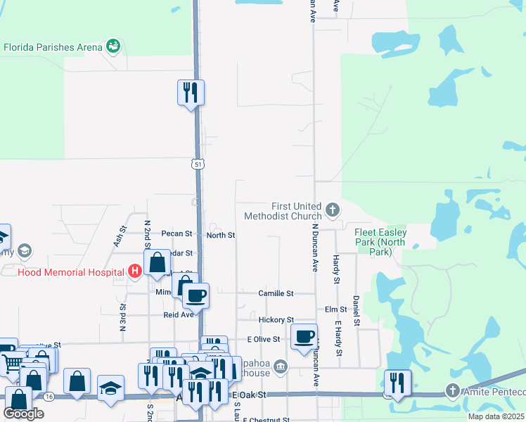 map of restaurants, bars, coffee shops, grocery stores, and more near 210 Lasare Drive in Amite City