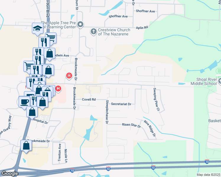 map of restaurants, bars, coffee shops, grocery stores, and more near 7 Courtney Lane in Crestview