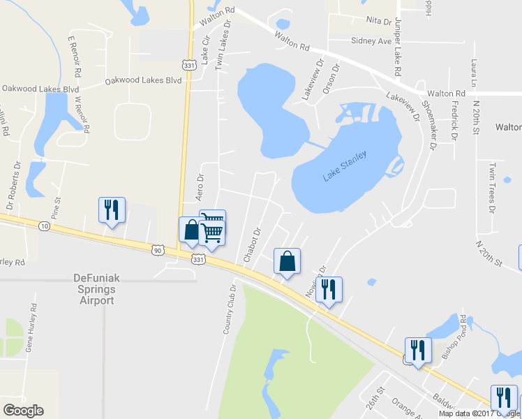 map of restaurants, bars, coffee shops, grocery stores, and more near 223 Chabot Drive in DeFuniak Springs