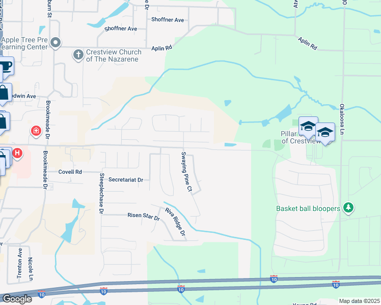 map of restaurants, bars, coffee shops, grocery stores, and more near 314 Crooked Pine Trail in Crestview