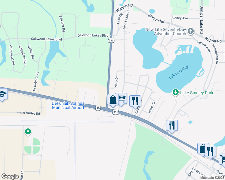 map of restaurants, bars, coffee shops, grocery stores, and more near 28 Aero Drive in DeFuniak Springs