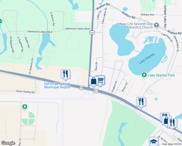 map of restaurants, bars, coffee shops, grocery stores, and more near 28 Aero Drive in DeFuniak Springs